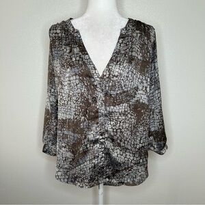 Everyday Ritual Womens Brown Gray Satin Pattern Long Sleeve Button Up Top Size S